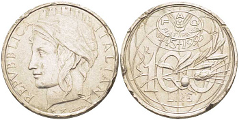 ИТАЛИЯ 100 ЛИР 1995 R, 50 ЛЕТ FAO KM 180 медно-никель 119-145