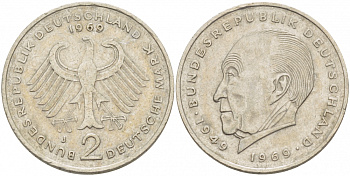 ФРГ 2 МАРКИ 1979 J, КОНРАД АДЕНАУЭР KM 124, J. 406 медно-никель плакированный никелем 3718-1022