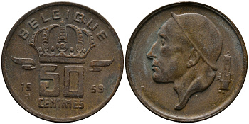 Бельгия 50 сантимов 1959 Belgique, Бодуэн I (1951-1993) KM 148.1 бронза 99-413