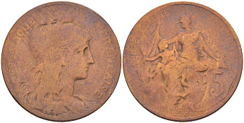 ФРАНЦИЯ 5 САНТИМОВ 1898 ТИП ДАНИЭЛЬ ДЮПЮИ KM 842, LE FRANC 119.5 бронза 4545-914