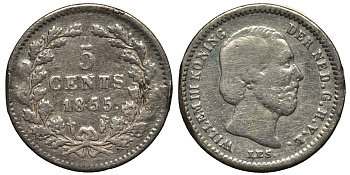 Нидерланды 5 центов 1855 Виллем III (1849-1890) KM 91 серебро 443-611