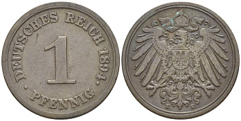 ГЕРМАНИЯ 1 ПФЕННИГ 1894 E KM 10, Jager. 10, Weege 2 медь 4528-1132