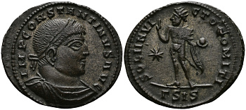 Римская Империя нуммий 317 Константин I Великий SOLI INVICTO COMITI Сисция Extremely fine (степень редкости R2) RIC 33 бронза, серебрение 00-00