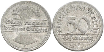 ГЕРМАНИЯ 50 ПФЕННИГОВ 1921 G KM 27, J. 301, Weege 10 алюминий 261-342