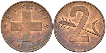Швейцария 2 раппена 1963 В KM 47 бронза 4591-1233