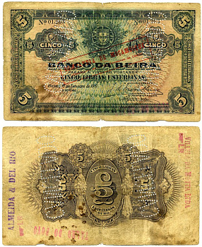 Мозамбик, Португальский 5 либрас эстерлинг (фунтов стерлингов) 1929 КРАСНАЯ НАДПЕЧАТКА НА БАНКНОТЕ 15 СЕНТЯБРЯ 1919, ВРЕМЕННЫЙ ВЫПУСК, МОЗАМБИКСКАЯ КОМПАНИЯ, OURO, ТРИ НАДПЕЧАТКИ, ПЕРФОРАЦИЯ CANCELADO Pick R21A бумага 6267-6-1