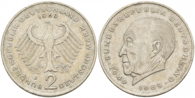 ФРГ 2 МАРКИ 1979 J, КОНРАД АДЕНАУЭР KM 124, J. 406 медно-никель плакированный никелем 3718-1022