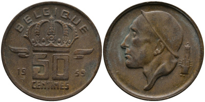 Бельгия 50 сантимов 1959 Belgique, Бодуэн I (1951-1993) KM 148.1 бронза 99-413