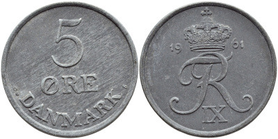 Дания 5 эре 1961 C; S, Фредерик IX (1947-1972) KM 843.2 цинк UNC 51-4716