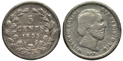Нидерланды 5 центов 1855 Виллем III (1849-1890) KM 91 серебро 443-611