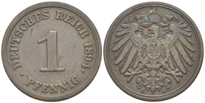 ГЕРМАНИЯ 1 ПФЕННИГ 1894 E KM 10, Jager. 10, Weege 2 медь 4528-1132