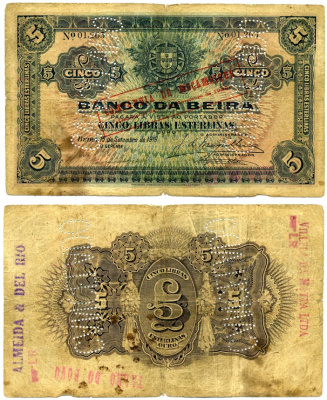 Мозамбик, Португальский 5 либрас эстерлинг (фунтов стерлингов) 1929 КРАСНАЯ НАДПЕЧАТКА НА БАНКНОТЕ 15 СЕНТЯБРЯ 1919, ВРЕМЕННЫЙ ВЫПУСК, МОЗАМБИКСКАЯ КОМПАНИЯ, OURO, ТРИ НАДПЕЧАТКИ, ПЕРФОРАЦИЯ CANCELADO Pick R21A бумага 6267-6-1