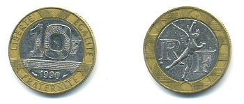 Франция 10 франков 1990 тип Гений Бастилии KM 964.1, Le Frank 375.5 биметалл 176-1217