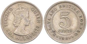 Малайя и Британское Борнео 5 центов 1961 Елизавета II (1952-2022) KM 1 медно-никель 187-319