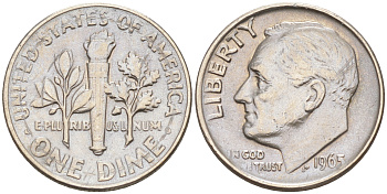 США 10 ЦЕНТОВ = 1 ДАЙМ 1965 РУЗВЕЛЬТ KM 195a медь плакированная медно-никелем 188-412