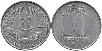 ГДР 10 пфеннигов 1968 А KM 10 алюминий 33-324