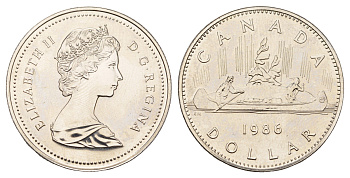 Канада 1 доллар 1986 Елизавета II (1952-2022), каноэ KM 120.1 никель UNC 4565-942