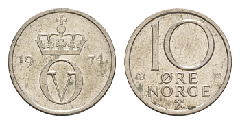 Норвегия 10 эре 1974 Улаф V (1957-1991) KM 416 медно-никель 4632-1158