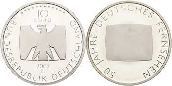 ФРГ 10 евро 2002 G, 50 лет немецкому телевидению KM 219, DE. S. 10.5 серебро PROOF 1076-3-11
