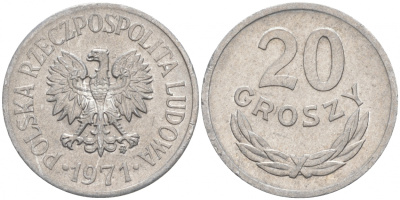 ПОЛЬША 20 ГРОШЕЙ 1971 MW KM А47 алюминий 4516-512