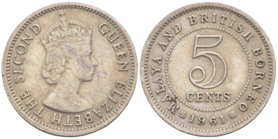 Малайя и Британское Борнео 5 центов 1961 Елизавета II (1952-2022) KM 1 медно-никель 187-319