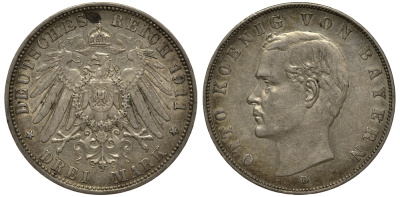 Бавария 3 марки 1911 Отто (1886-1913) Weege 45, J. 47, KM 515 серебро 3711-2034
