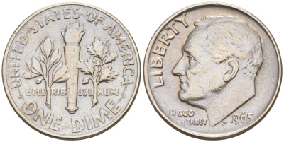 США 10 ЦЕНТОВ = 1 ДАЙМ 1965 РУЗВЕЛЬТ KM 195a медь плакированная медно-никелем 188-412