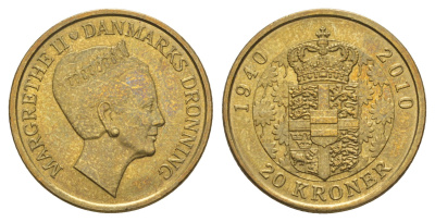 Дания 20 крон 2010 70 лет со дня рождения королевы Маргрете II KM 937 алюминиевая бронза UNC 4650-445