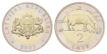 Латвия 2 лата 2003 корова KM 38 биметалл BU 4678-334