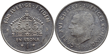 Швеция 1 крона 2002 Карл XVI Густав (1973- ) KM 894 медно-никель 4110-935