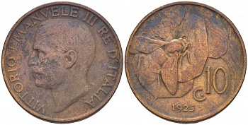 ИТАЛИЯ 10 ЧЕНТЕЗИМО 1925 R, ВИКТОР ИММАНУИЛ, ПЧЕЛА KM 60 медь 4544-1054