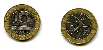 Франция 10 франков 1990 тип Гений Бастилии KM 964.1, Le Frank 375.5 биметалл 37-125