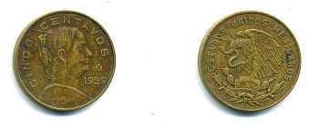 Мексика 5 сентаво 1959 Mo, Жозефа Ортис де Домингес KM 426 латунь 37-835