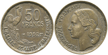 ФРАНЦИЯ 50 ФРАНКОВ 1952 KM 918.1 алюминиевая бронза 51-217