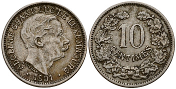 Люксембург 10 сантимов 1901 Адольф (1890-1905) KM 25 медно-никель 4602-443