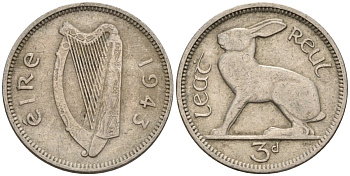 Ирландия 3 пенса 1943 заяц KM 12a медно-никель 4596-1058