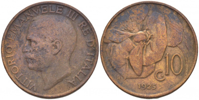 ИТАЛИЯ 10 ЧЕНТЕЗИМО 1925 R, ВИКТОР ИММАНУИЛ, ПЧЕЛА KM 60 медь 4544-1054
