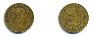 Мексика 5 сентаво 1959 Mo, Жозефа Ортис де Домингес KM 426 латунь 37-835