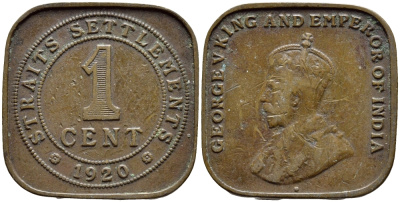 Стрейтс-Сетлментс 1 цент 1920 Георг V (1910-1936) KM 32 бронза 4393-1221