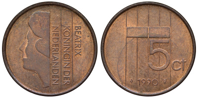 Нидерланды 5 центов 1990 Беатрикс KM 202 бронза 71-168