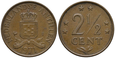 Нидерландские Антилы 2 1/2 цента 1971 Юлиана (1948-1980) KM 9 бронза 4579-917