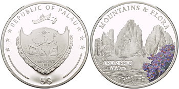 Палау 5 долларов 2012 горы и флора, три зубца, 2999 метра, эмаль KM NEW серебро PROOF 1088-1-32