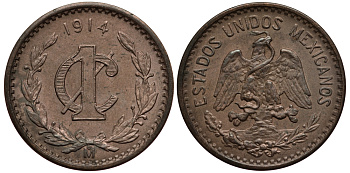 МЕКСИКА 1 СЕНТАВО 1914 ДАТА ШИРОКАЯ KM 415 бронза XF 4401-543