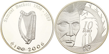 Ирландия 10 евро 2006 100 лет со дня рождения Сэмюэля Беккета, писатель, драматург, нобелевский лауреат KM 45 серебро PROOF 11-183-14