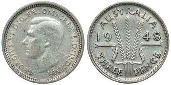 Австралия 3 пенса 1948 m, Георг VI (1937-1952), без букв KM 37a серебро 71-225