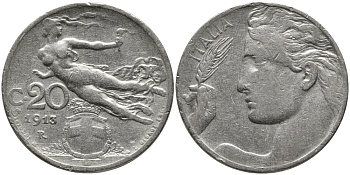 Италия 20 чентезимо 1913 R, Виктор Эммануил III (1900-1946) KM 44 никель 75-751