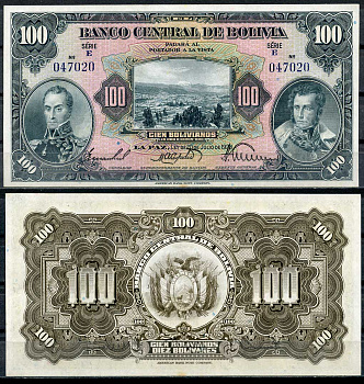 Боливия 100 боливиано 1928 серия E, Симон Боливар и Антонио Хосе Сукре Pick 125 a (5)  бумага  UNC (пресс) 451-47-1