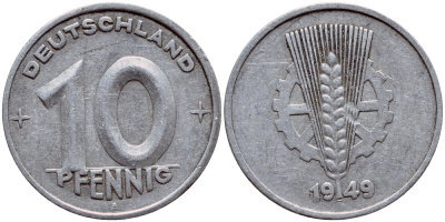 ГДР 10 ПФЕННИГОВ 1949 А KM 3 алюминий 1522-213