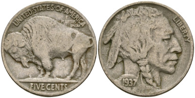 США 5 центов 1937 индеец, бизон KM 134 медно-никель 4563-632
