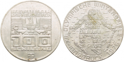 Австрия 100 шиллингов 1974 XII зимние Олимпийские игры в Инсбруке, лыжник KM 2928 серебро 443-325